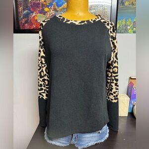 SHEIN Black Top with Leopard Print Sleeves